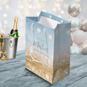 Verjaardag blauw glinsterend gouden naam medium cadeauzakje