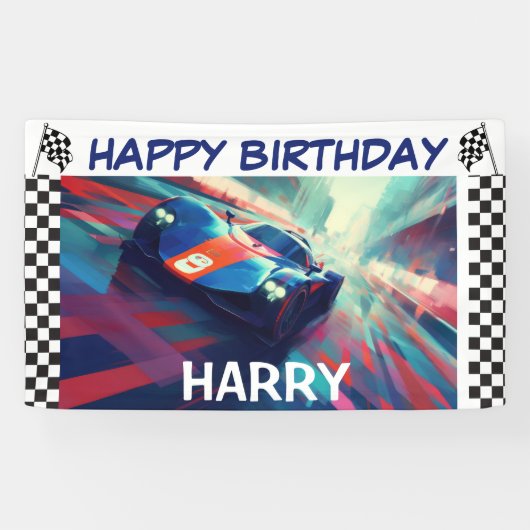 VERJAARDAG BLAUW RACEAUTO BANNER (Horizontaal)