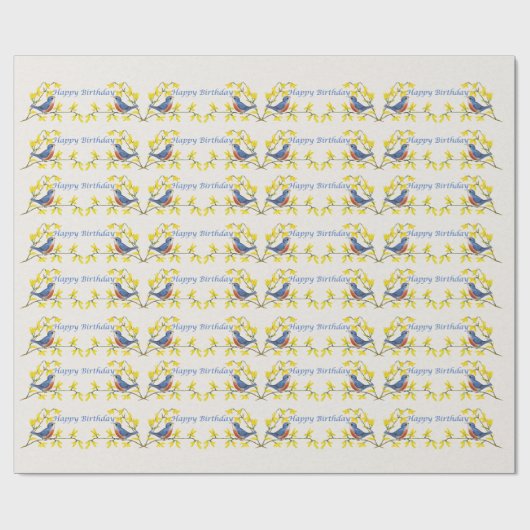 Verjaardag Blauw Rood Vogels op Tak Bloemen Wit Cadeaupapier (Vlak)