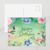 Verjaardag Blauw, Roze Waterverf Bloemen Briefkaart (Voorkant / Achterkant)