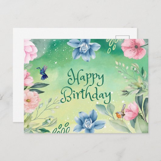 Verjaardag Blauw, Roze Waterverf Bloemen Briefkaart (Voorkant / Achterkant)