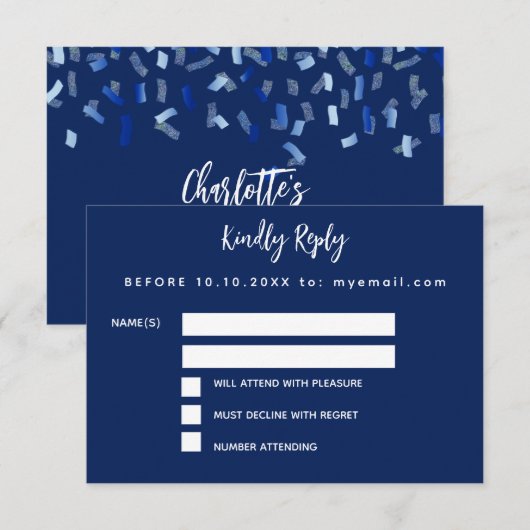 Verjaardag blauw wit confetti party RSVP kaart (Voorkant / Achterkant)