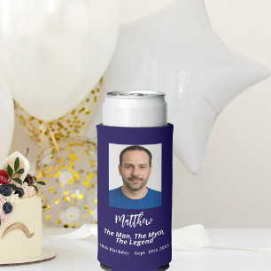 Verjaardag blauw wit foto man mythe legende seltzer blikjeskoeler