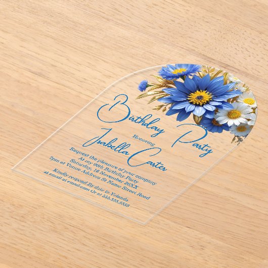 Verjaardag Blauw Wit Gouden Bloemen Acryl Uitnodigingen (Laagn)