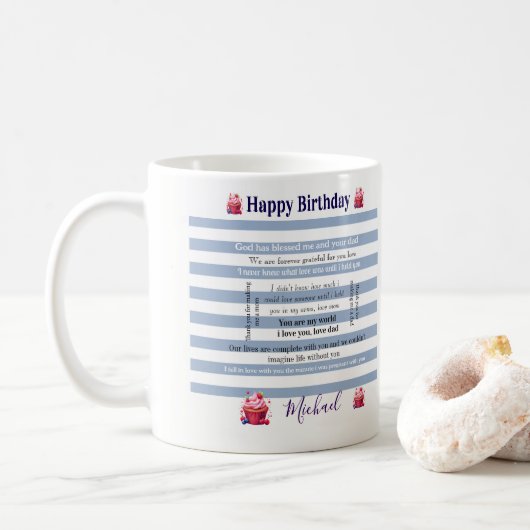 Verjaardag Blauw & Wit Streep Mok (Met donut)
