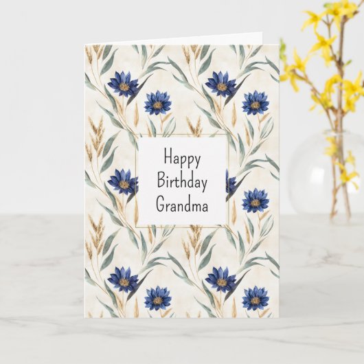 Verjaardag Blauwe Bloemen Kaart (Gele Bloem)