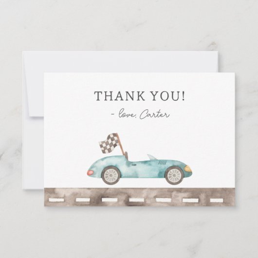 Verjaardag Blauwe Raceauto Bedankkaart (Voorkant)