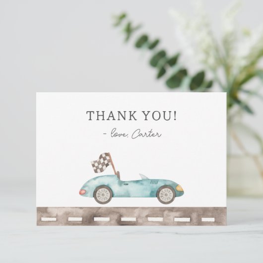 Verjaardag Blauwe Raceauto Bedankkaart (Staand voorkant)