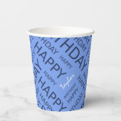 Verjaardag blauwe typografie voeg naam toe papieren bekers (Achterkant)
