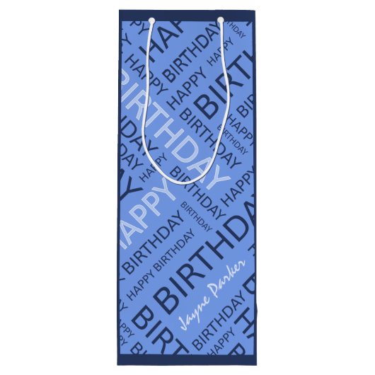 Verjaardag blauwe typografie voeg naam toe wijn cadeautas (Achterkant)