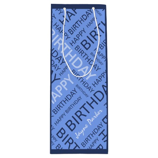Verjaardag blauwe typografie voeg naam toe wijn cadeautas (Voorkant)