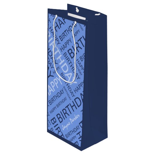 Verjaardag blauwe typografie voeg naam toe wijn cadeautas (Voorkant Gekanteld)