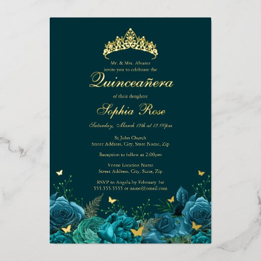 Verjaardag Blauwgroen Blauwe Bloemenvlinder Quince Folie Uitnodiging (Voorkant)