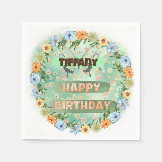 Verjaardag bloemen en vlinders servet (Voorkant)