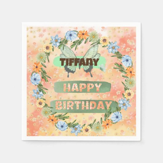 Verjaardag bloemen en vlinders servet (Voorkant)