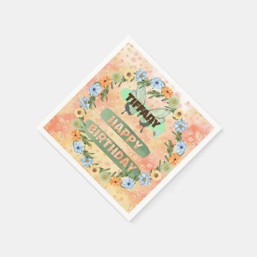 Verjaardag bloemen en vlinders servet (Hoek)