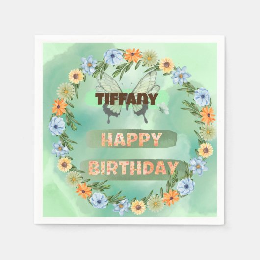 Verjaardag bloemen en vlinders servet (Voorkant)