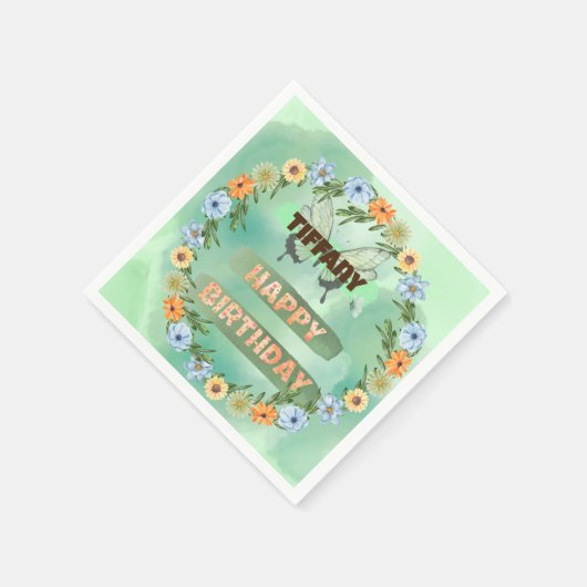 Verjaardag bloemen en vlinders servet (Hoek)