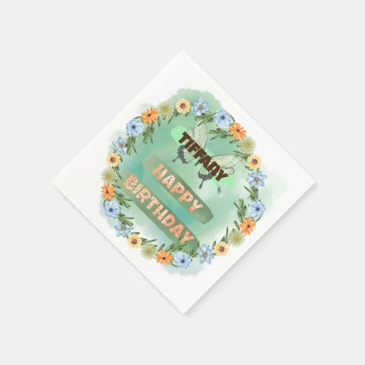 Verjaardag bloemen en vlinders servet (Hoek)