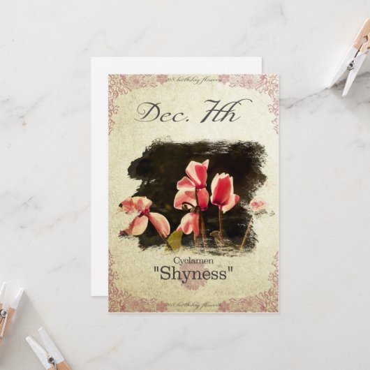 Verjaardag bloemen op 7 december "Cyclamen" Kaart (Voorkant / Achterkant in situ)