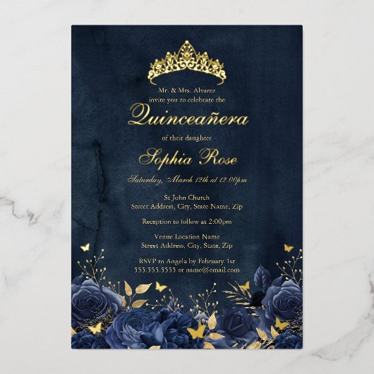 Verjaardag Bloemenvlinder Tiara Navy Quinceanera Folie Uitnodiging (Voorkant)