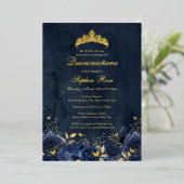 Verjaardag Bloemenvlinder Tiara Navy Quinceanera Folie Uitnodiging (Staand Voorkant)