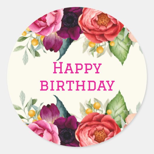 Verjaardag bloemig roos goudblush roze rood ronde sticker (Voorkant)