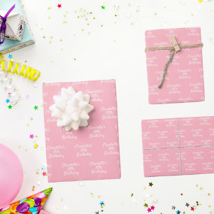 Verjaardag bloos roze naam script inpakpapier vel