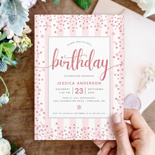 Verjaardag blos roze goud glitterscript chic kaart