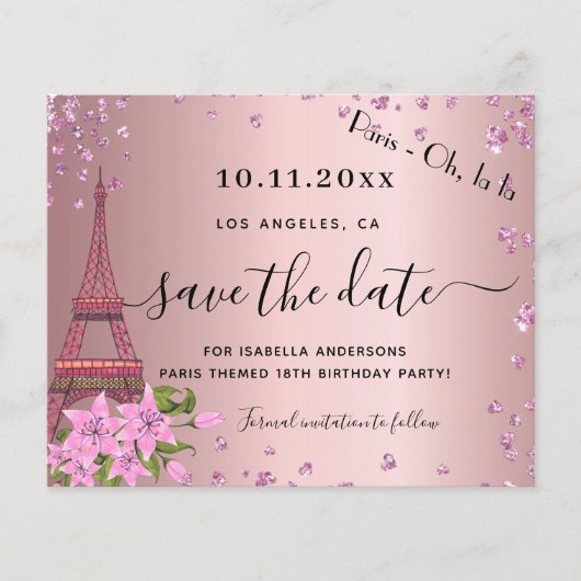 Verjaardag blozend roze paris budget save the date flyer (Voorkant)