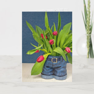 Verjaardag Blue Jeans Pot met Tulpen Kaart