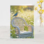 Verjaardag Bluebird op een rieten stoel Kaart (Gele Bloem)