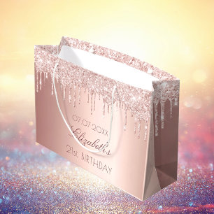 Verjaardag blush roos gouden druppels naam groot cadeauzakje
