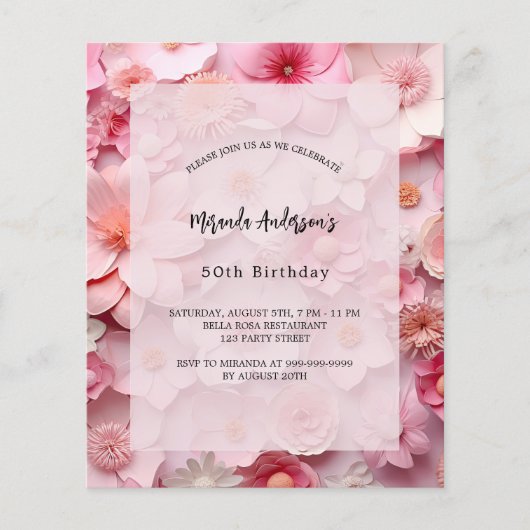 Verjaardag blush roze bloemen budget uitnodiging flyer (Voorkant)