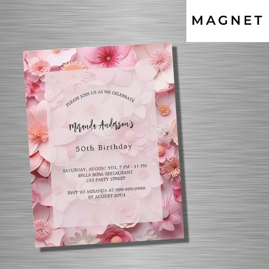 Verjaardag blush roze bloemen luxe magnetische uitnodiging
