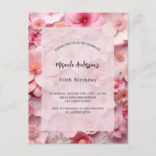 Verjaardag blush roze bloemen uitnodiging briefkaart (Voorkant)