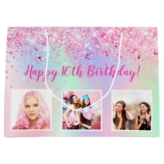 Verjaardag blush roze paarse holografische foto groot cadeauzakje (Voorkant)