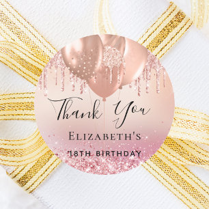 Verjaardag blush roze roos gouden naam ballonnen ronde sticker