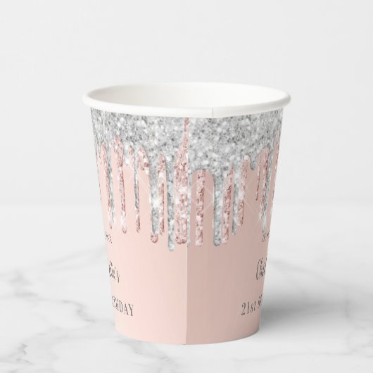 Verjaardag blush roze zilveren glitter druppels papieren bekers (Rechts)