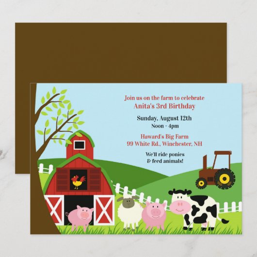 Verjaardag Boerderij Dieren Flat Uitnodiging (Voorkant / Achterkant)