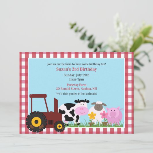 Verjaardag Boerderij Dieren Flat Uitnodiging (Staand voorkant)