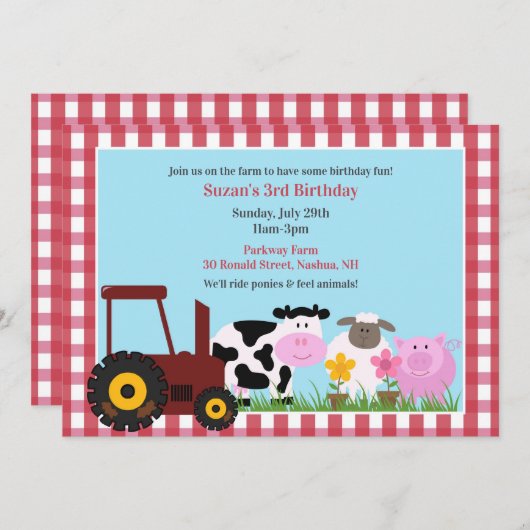 Verjaardag Boerderij Dieren Flat Uitnodiging (Voorkant / Achterkant)