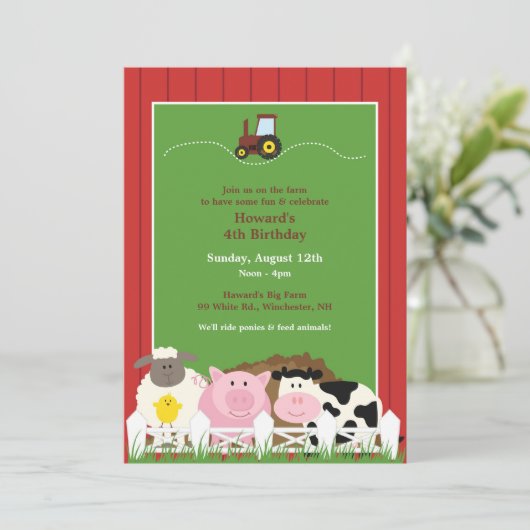 Verjaardag Boerderij Dieren Flat Uitnodiging (Staand voorkant)