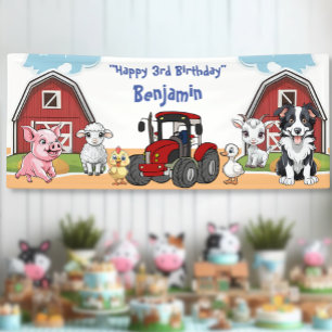 Verjaardag Boerderij Dierenstal en Rode Tractor Pa Spandoek