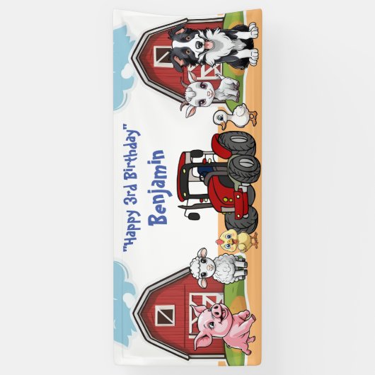 Verjaardag Boerderij Dierenstal en Rode Tractor Pa Spandoek (Verticaal)