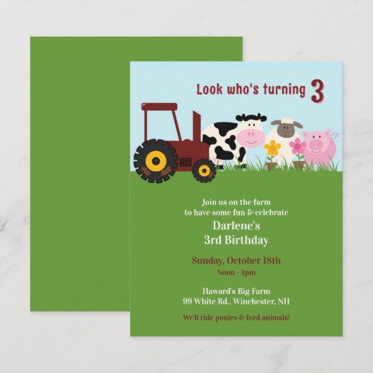 Verjaardag Boerderijdieren Uitnodiging (Voorkant / Achterkant)