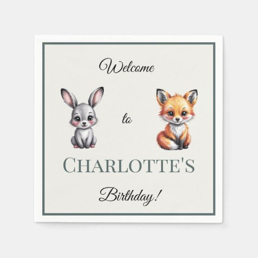 Verjaardag Boho Woodland Bunny Fox Kind Servet (Voorkant)