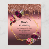 Verjaardag bordeaux bloem glitter budget uitnodigi flyer (Voorkant)