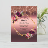 Verjaardag bordeaux bloemen glitter geometrisch kaart (Staand voorkant)