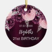 Verjaardag bordeaux roze bloemen naam keramisch ornament (Voorkant)